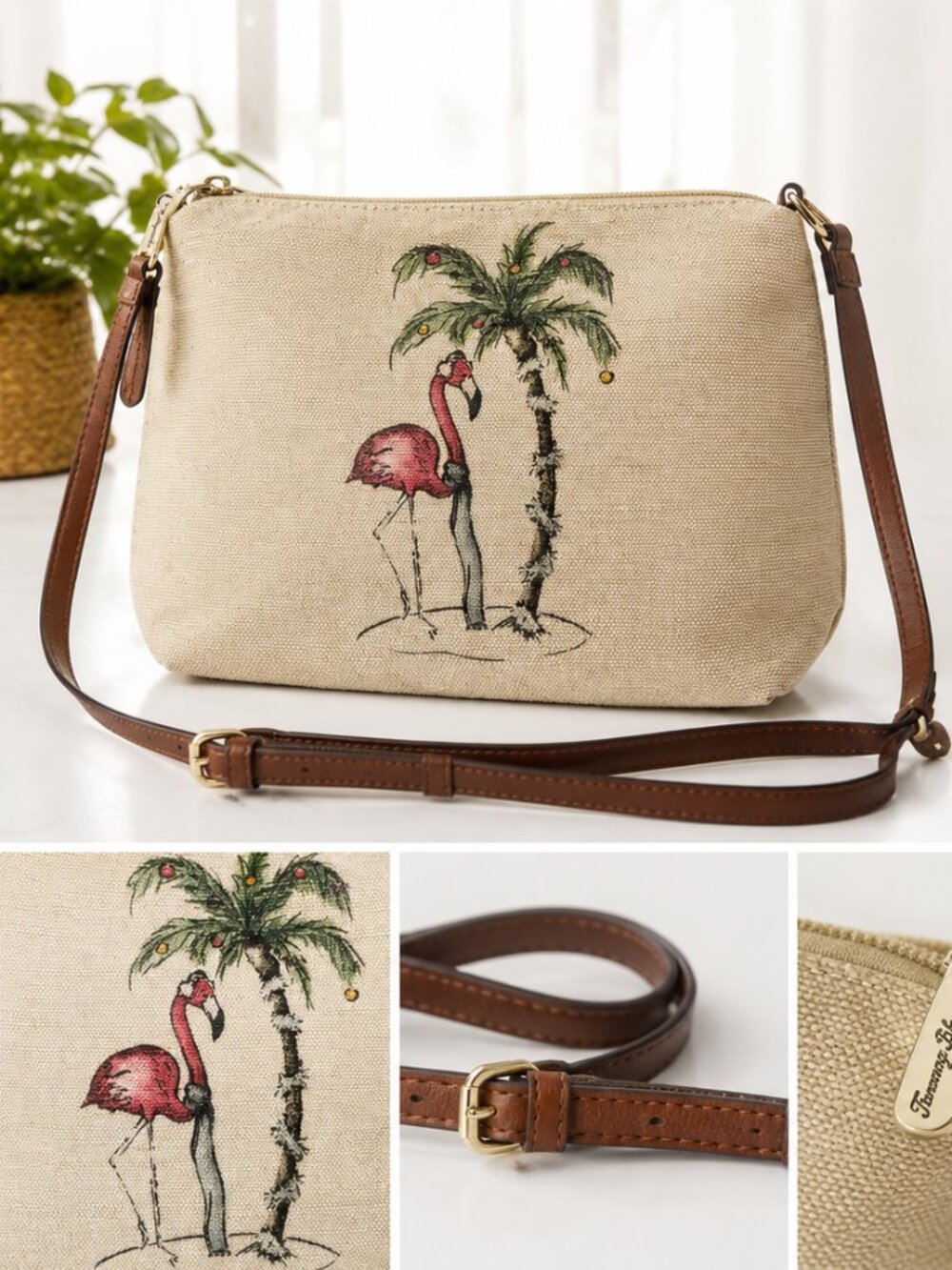 Tommy Bahama La Plancha Flamingo Tropical Canvas Crossbody Bag